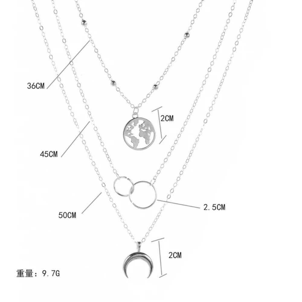NEW Silver Boho Trendy Choker Multilayer Earth Map Circle Horn Pendant Necklace - Picture 15 of 16